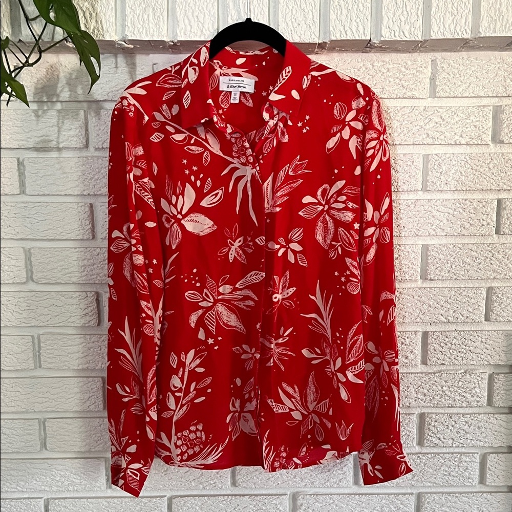 &other stories silk red floral button down